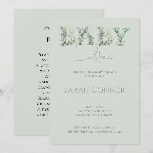 Baby in Bloom Baby Shower Eucalyptus Invitation 招待状 (正面/裏面)