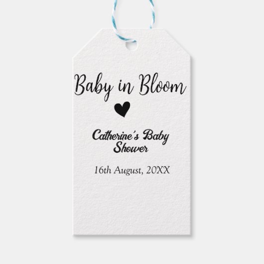 Baby in bloom baby shower simple black heart date ギフトタグ (正面)