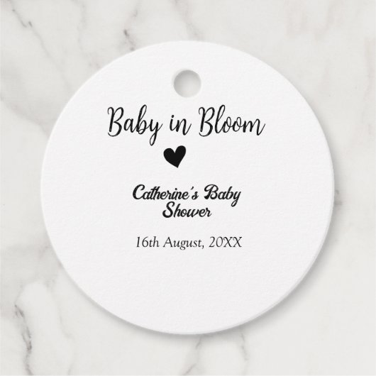 Baby in bloom baby shower simple black heart date フェイバータグ (正面)