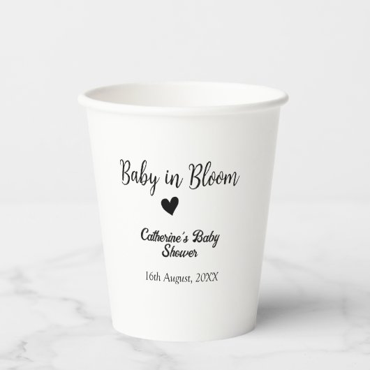 Baby in bloom baby shower simple black heart date 紙コップ (正面)