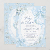 Baby in Bloom Blue Bow Floral Boy Baby Shower 招待状 (正面/裏面)