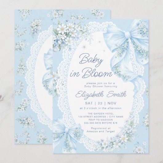 Baby in Bloom Blue Bow Floral Boy Baby Shower 招待状 (正面/裏面)