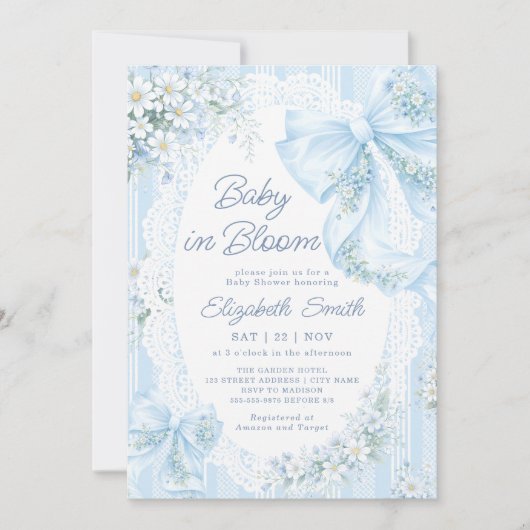Baby in Bloom Blue Bow Floral Lace Baby Shower 招待状 (正面)
