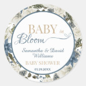 Baby in Bloom Blue Floral Botanical Baby Shower ラウンドシール (正面)