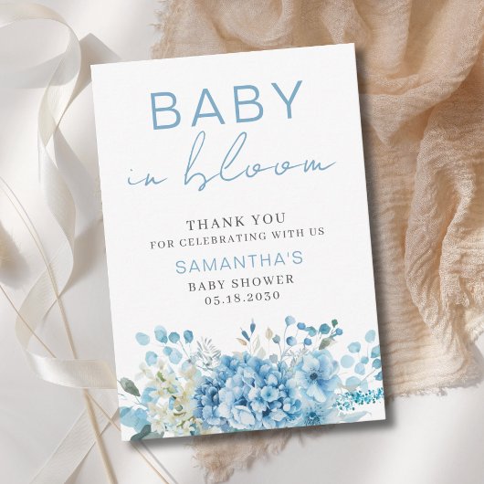 Baby In Bloom Blue Floral Boy Baby Shower サンキューカード