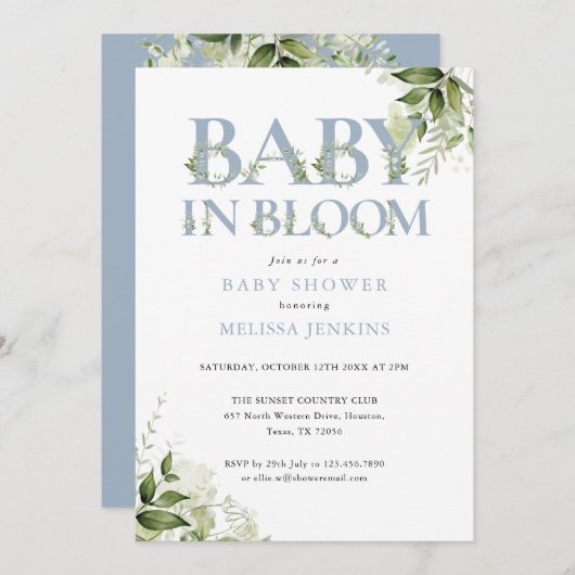 Baby In Bloom Blue Greenery All In One Baby Shower 招待状 (正面/裏面)