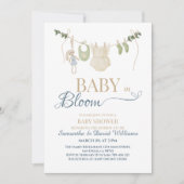 Baby in Bloom Blue Greenery Clothesline Botanical  招待状 (正面)