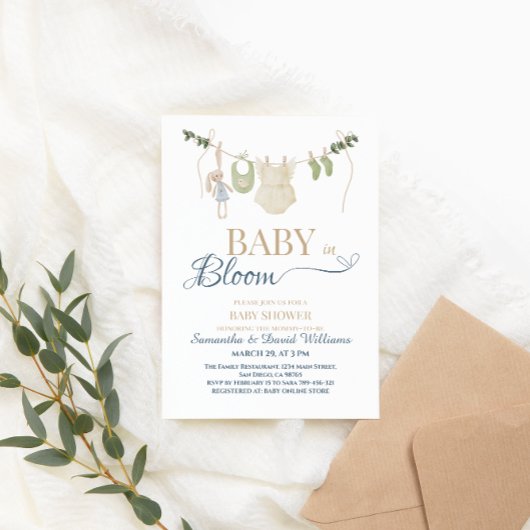 Baby in Bloom Blue Greenery Clothesline Botanical  招待状