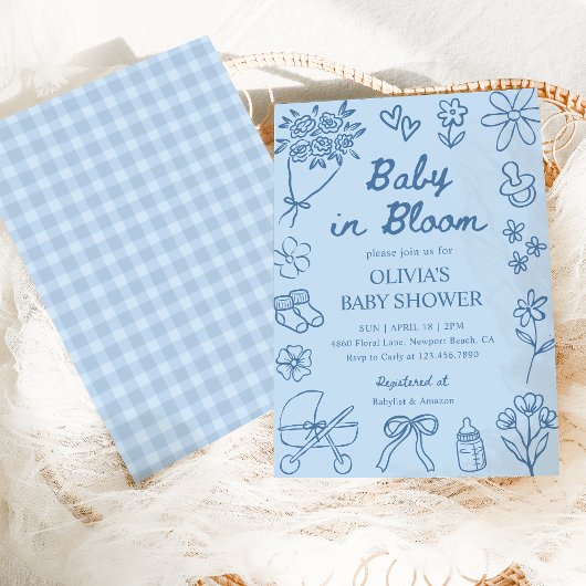 Baby in Bloom Blue Hand Drawn Boy Baby Shower 招待状