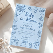Baby in Bloom Blue Hand Drawn Boy Baby Shower 招待状
