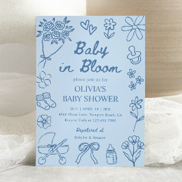 Baby in Bloom Blue Hand Drawn Boy Baby Shower 招待状