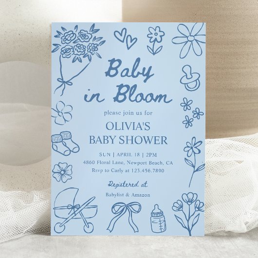 Baby in Bloom Blue Hand Drawn Boy Baby Shower 招待状