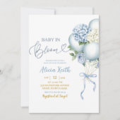 Baby In Bloom Blue Hydrangea Balloon Baby Shower 招待状 (正面)