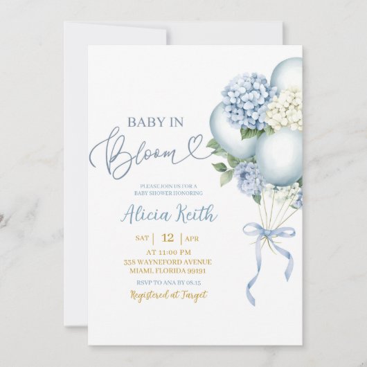 Baby In Bloom Blue Hydrangea Balloon Baby Shower 招待状 (正面)