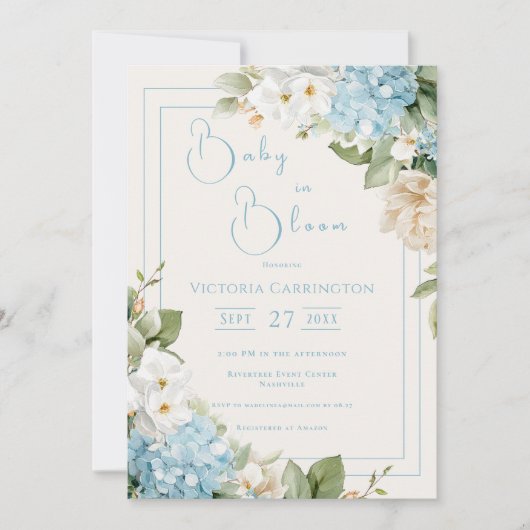 Baby in Bloom Blue Hydrangea Shower Invitation 招待状 (正面)