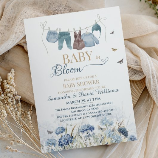 Baby in Bloom Blue Wildflower Clothesline 招待状