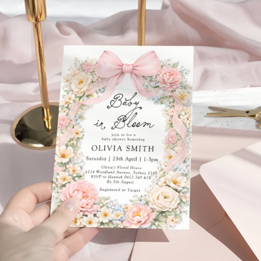Baby in Bloom Blush Pink Bow Baby Shower 招待状
