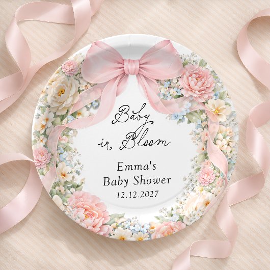 Baby in Bloom Blush Pink Bow Floral Baby Shower ペーパープレート