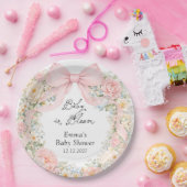 Baby in Bloom Blush Pink Bow Floral Baby Shower ペーパープレート (パーティー)