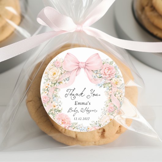 Baby in Bloom Blush Pink Bow Thank You ラウンドシール