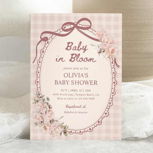 Baby in Bloom Blush Pink Floral Girl Baby Shower 招待状