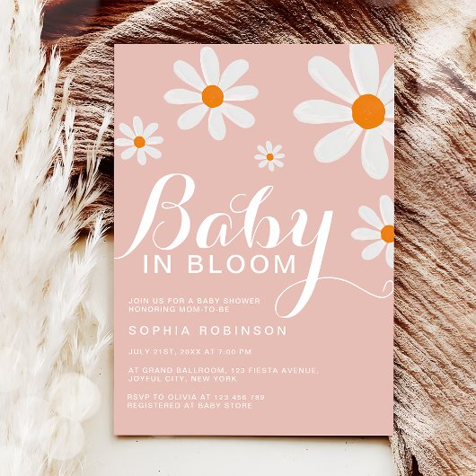Baby in Bloom Blush Pink Girly Daisy Shower 招待状