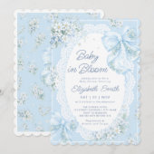 Baby in Bloom Bow Blue Floral Boy Baby Shower 招待状 (正面/裏面)