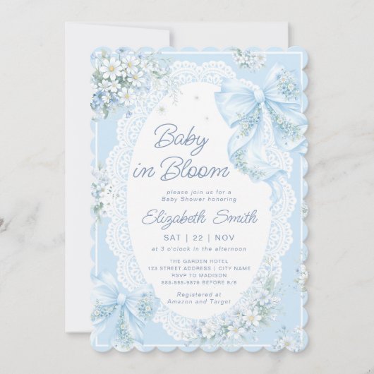 Baby in Bloom Bow Blue Floral Boy Baby Shower 招待状 (正面)