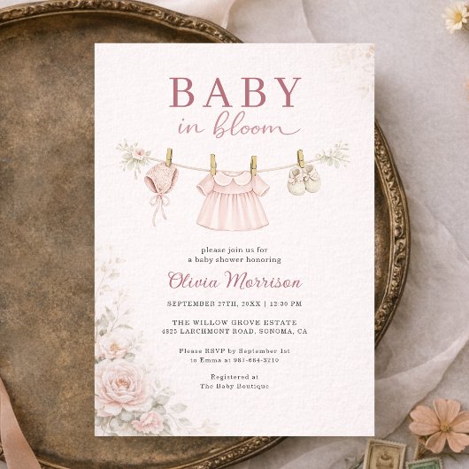 Baby in Bloom Clothesline Pink Bow Baby Shower 招待状