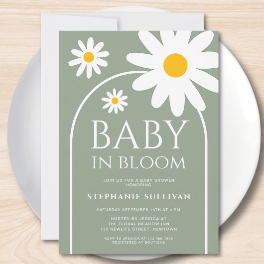 Baby in Bloom Daisy Sage Green Baby Shower 招待状