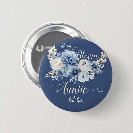 Baby In Bloom Elegant Blue Flowers Auntie-to-be 缶バッジ (正面&裏面)