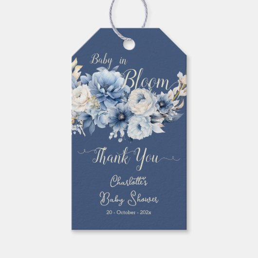 Baby In Bloom Elegant Blue Flowers Baby Shower ギフトタグ (正面)