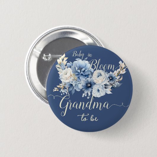 Baby In Bloom Elegant Blue Flowers Grandma-to-be 缶バッジ (正面&裏面)