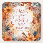 Baby in Bloom Fall Floral Frame Shower Thank You スクエアペーパーコースター (正面)