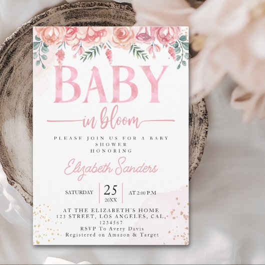 Baby in Bloom Floral Baby Shower – Pink Roses 招待状