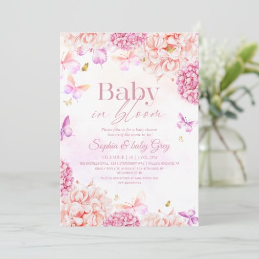 Baby in Bloom Floral Blush pink gold Baby Shower 招待状 (スタンド正面)