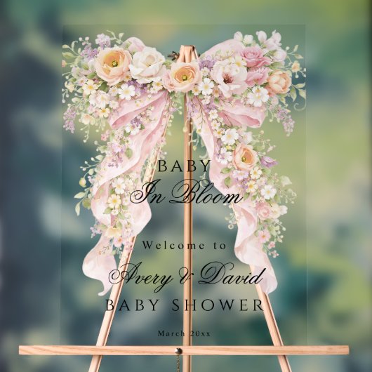 Baby in bloom Floral Bow Girl Baby Shower  アクリルサイン (ニュートラル)