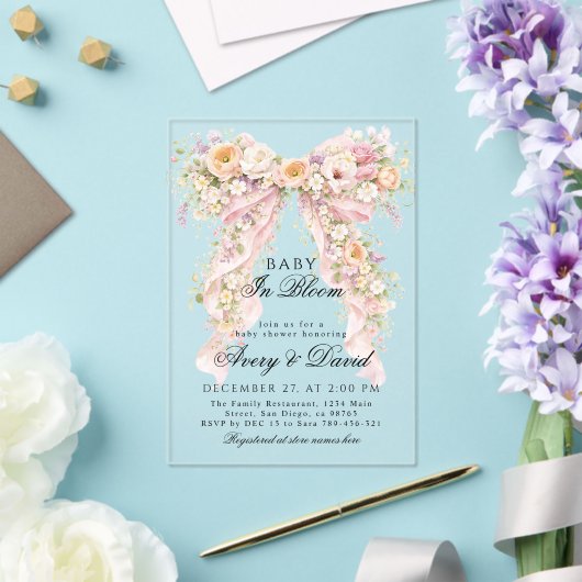 Baby in bloom Floral Bow Girl Baby Shower  アクリル招待状 (インサイチュ (ウェディング))