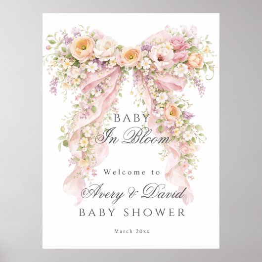 Baby in bloom Floral Bow Girl Baby Shower  ポスター (正面)
