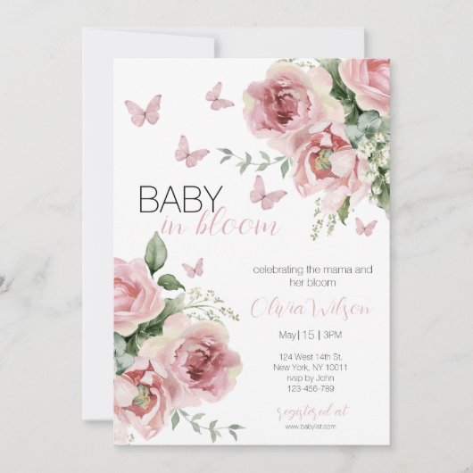 Baby in Bloom Floral & Butterfly Baby Shower Invi 招待状 (正面)