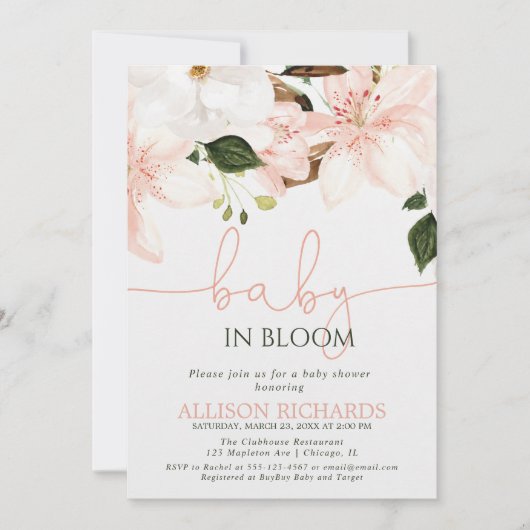 Baby in Bloom floral lilies girl baby shower 招待状 (正面)