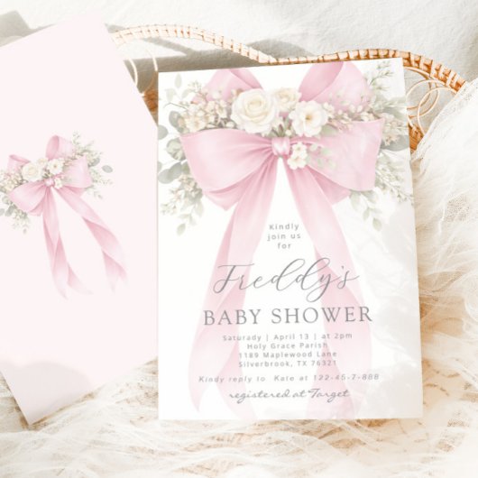 Baby in Bloom Floral Pink Bow Baby Shower 招待状