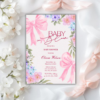 Baby in Bloom Floral Pink Bow girl baby Shower 招待状