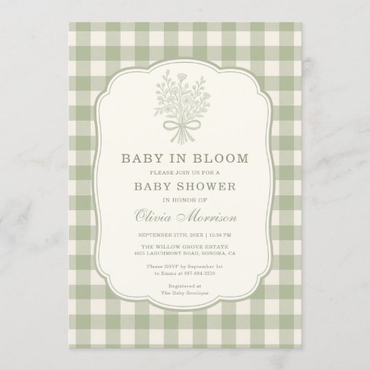 Baby in Bloom Gingham Baby Shower 招待状 (正面)