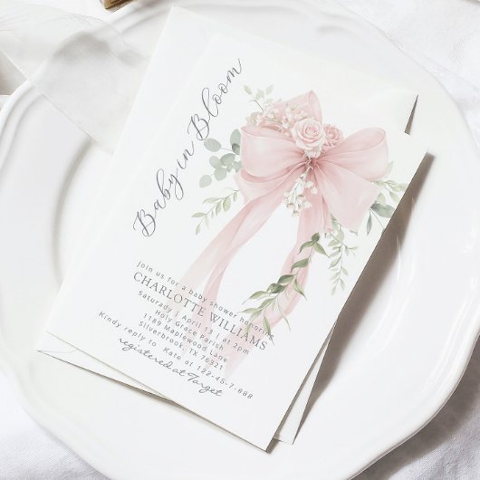 Baby in Bloom Greenery Bow Elegant Baby shower 招待状