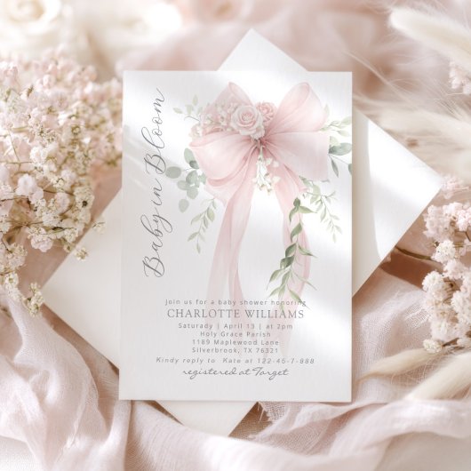 Baby in Bloom Greenery Bow Elegant Baby shower 招待状