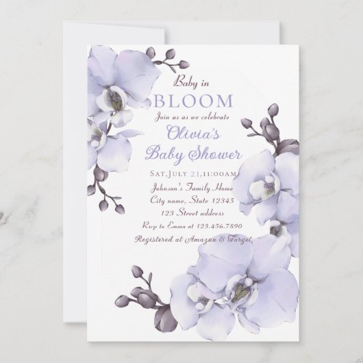 Baby in Bloom Lavender Orchid Baby Shower Invitati 招待状 (正面)
