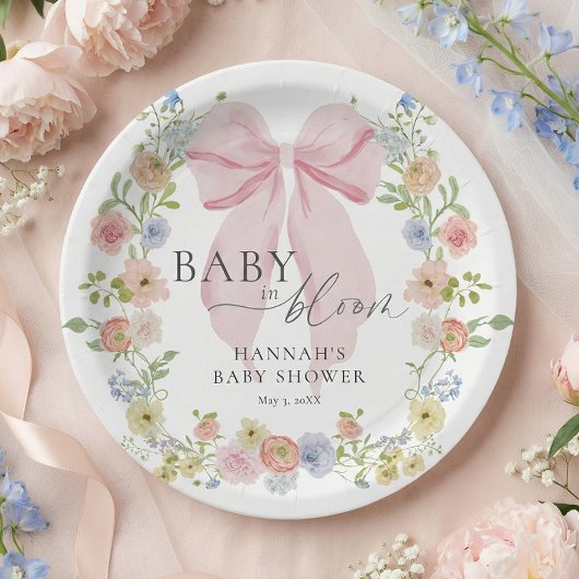 Baby in Bloom Pink Bow Baby Shower ペーパープレート