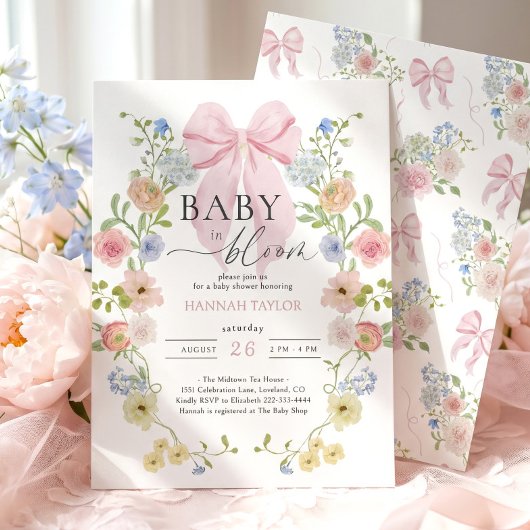 Baby in Bloom Pink Bow Baby Shower 招待状