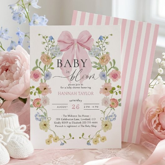 Baby in Bloom Pink Bow Baby Shower 招待状